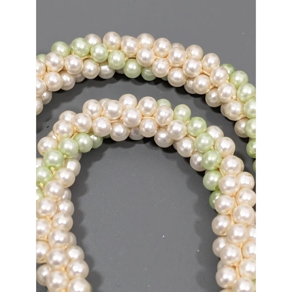 Vintage Green Cream Cluster Woven Faux Pearl Layering Long Necklace‎ 42 in